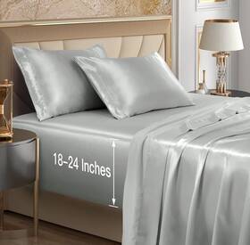 Qjfz21212-130 Vacvelt 4pcs Extra Deep Pocket Satin Sheets King Size Bed Set Silver Grey Sa