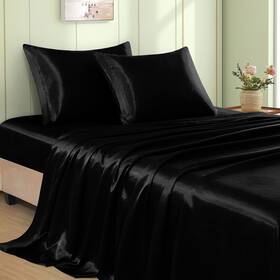 Qjfz30404-113 Vacvelt 3-piece Black Satin Twin Size Bed Set 15 Inch Deep Pocket Soft Sati