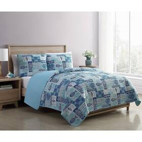 79535965 Vcny Home Patchwork Sea Life Reversible Quilt Set - Blue 3 Piece