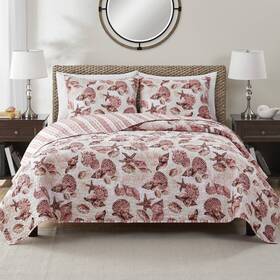 91260743 Vcny 3pc Full/queen Home Shell Treasure Reversible Microfiber Quilt Set