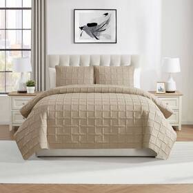 91844762 Vcny 3pc Full/queen Square Pinsonic Quilt Set Taupe Microfiber