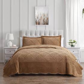 92594053 Vcny 3pc King Westland Quilted Plush Bedspread Set Dark Brown