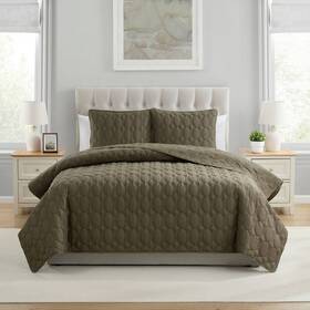 92594054 Vcny 3pc Full/queen Circle Pinsonic Quilt Set Olive Green Hypoallergenic