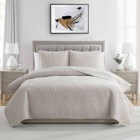 92594075 Vcny 3pc Full/queen Solomun Pinsonic Quilt Set Taupe Hypoallergenic