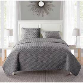 Vcny Home 313115287274 Nina Embossed 3 Piece Grey Basketweave Microfiber Full/queen Quilt Set