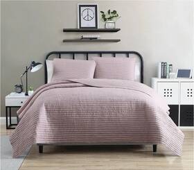 Vcny Home 735732813672 Clifton 3-pc Solid Striped Quilted Crinkled Quilt Set King Blush
