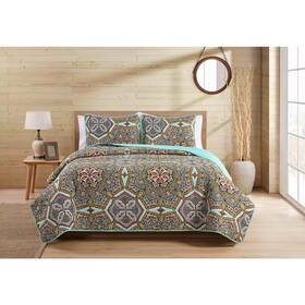 Vcny Home 744759116499 Yara 3 Piece Reversible Multicolor Medallion Microfiber King Quilt Set
