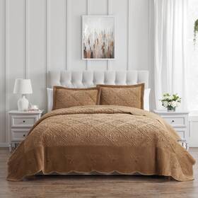 Ws1-3bp-full-in-caram Vcny Home Quilt Set 3-piece Plush Bedding With Matching Shams Elegant Room Decor W