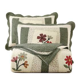Vct1095 Vctops Farmhouse Green 3 Piece Embroidered Floral Quilted Bedspread Quilt Set 100% Cott