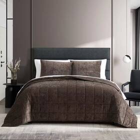 Vera Wang 744759430144 Chenille Box Solid 3-piece Brown Reversible Polyester King Quilt Set