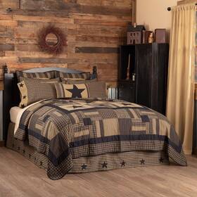 45578 Vhc Brands Black Check Star King Quilt Country Primitive Patchwork Khaki