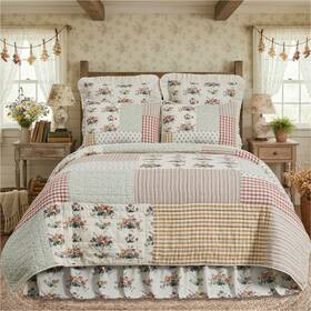 90396 Vhc Brands Rosehill Cottage Floral Gingham Patch Cotton King Quilt - 105x95
