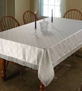 Violet Linen 616418509709 Diamond Damask Design Fringes Tablecloth White 60 Inch Round