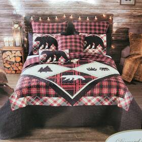 Dq10072fq Virah Bella 3pc Lodge Life Queen Quilt And Sham Set Black Bear Paw Moose Cabin Red Buffalo