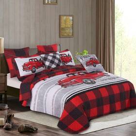 Dq10086t Virah Bella - Farm Life With Truck Red/black Plaid Lightweight Reversible Quilt Set