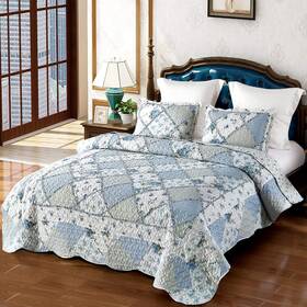 Vivilinen 696539289902 Blue Floral Patchwork Quilt Set Full Queen Size 3 Piece Bedding