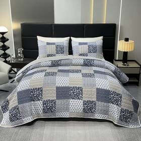 Quilt-1215001 Vivilinen Oversized King Size Quilt Set 128x120 Grey Plaid Patchwork Extra Wide Super K