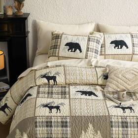 Wake In Cloud 711181980790 - Rustic Quilt Set Cabin Lodge Christmas Bear Moose Deer Woodland