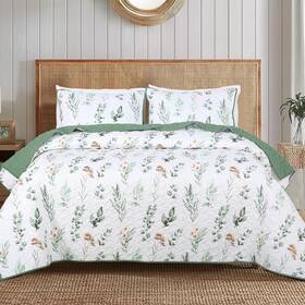Bot56 Wake In Cloud 3-piece Queen Quilt Set Green Floral Lightweight Botanical Bedspread With Shams