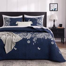 C0110-cg3-k Wake In Cloud M Navy Blue Quilt Set Gray Grey Floral Flowers Tree Leaves Modern Pattern