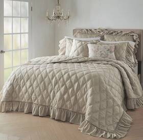 Wamsutta Vintage 444800336516 3-pc Doubled Diamonds Ruffle Quilt Set Neutral Farmhouse Beige