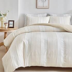 Warmdern 791162449553 Khaki Striped Weave Duvet Cover Queen Size White Knit Boho Co