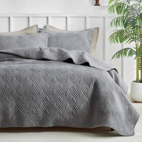 Warmdern 791162450115 Ultrasonic Grey Velvet Quilt Set Queen Size Geometric Textured Weave Pattern
