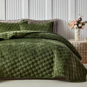Warmdern 791162453727 Olive Green Velvet Quilt Set King Size Luxury Geometric Check Patte