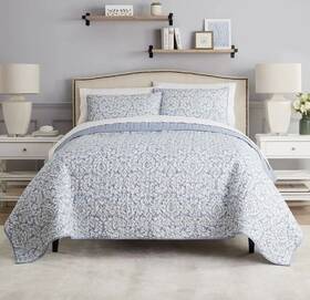 Waverly 081806658176 Luxury Dashing Damask Polyester Blue 3pc Quilt Set Full/queen Nip