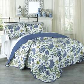 Waverly 081806663835 King Size Quilt Set 3-pcs Cotton Machine Wash Porcelain Maldives