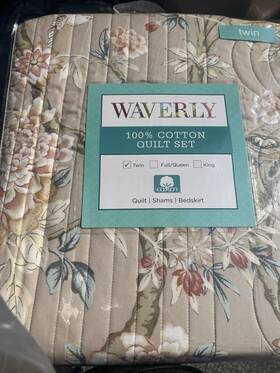 Waverly 081806664375 Nwt Mudan Taupe Brown Beige Floral 3 Piece Cotton Quilt Set Twin
