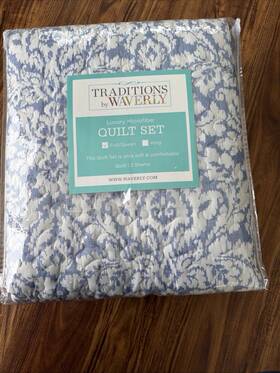 Waverly 818046581174 Luxury Microfiber Full/queen Quilt Set Blue Damask Pattern