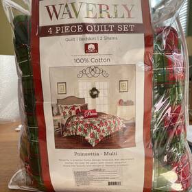 Waverly 885308524843 Holiday Bedding Poinsettia- 4pc King Size Comforter 2 Shams Bed Skirt
