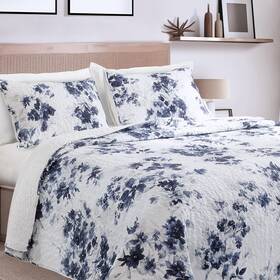 22027 Wellbeing By Sunham Cotton Quilt Set Queen Size Floral Quilts Navy Blue And White Bedding