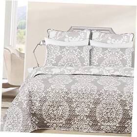 Wells International Llc 817684026666 3 Piece Samantha Reversible Quilt Set Bedspreads Coverlet Floral King Greige