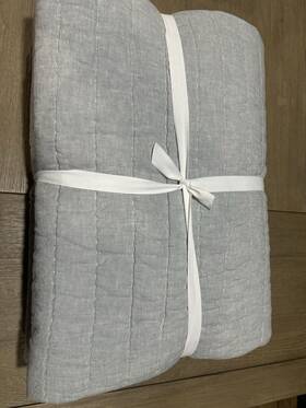 1317897 West Elm European Linen Cotton Pick Stitch Quilt King Arctic Blue
