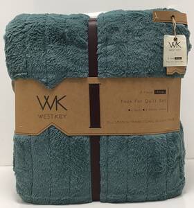 Qbr-1159 West Key 3 Piece King Faux Fur Quilt Set In Brawley Light Teal New With Tags