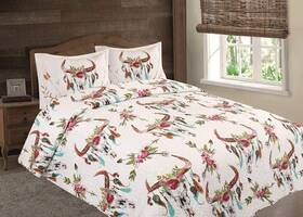 Western Linen 742889884769 Flowers Floral Steer Skull Skeleton Quilt Over King - Off-white