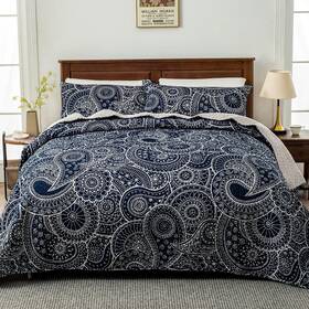 Wfqs-6pl-qnv Whale Flotilla Reversible Paisley Quilts Full Queen Size Lightweight Boho Printed Bedspread