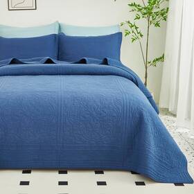 Mk8130 Winlife 100% Cotton Quilt Set Size Navy Embroidery Pre-washed 3-piece King Blue