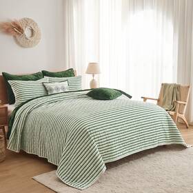 Wonderful 014113203845 100% Cotton Striped Quilt Set Twin Size 4 Piece White And Green Bedsprea