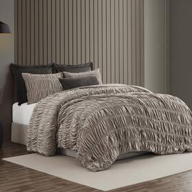 Wonderful 014113204590 Luxury Ruched Velvet Queen Size Light Brown Quilt Set Handcrafted Quilted 3 Piec