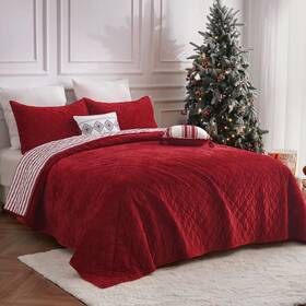 Wonderful 014113204828 Christmas Bedding Luxury Red Velvet Quilt Set King Size 5 Piece Striped