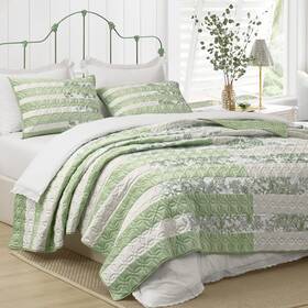 Wonderful 014113207225 Sage Green Patchwork Spring Quilt King - Real Stitched Cotton Velvet Microfib