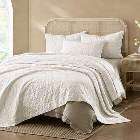 Wonderful 014113207232 Natural Linen Cotton Quilt - Wavy Box Stitched White Queen 100%