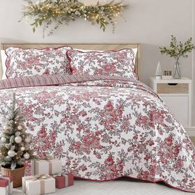 Wonderful 014113207805 100% Cotton Red Floral Bedspread Set Full Size Quilt Bedding Sets With Pillow