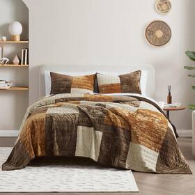 Wonderful 014113207881 3-piece Velvet Patchwork Quilt Set King Striped Channel Stitch Brown P
