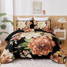 Wongs Bedding 313044454471 Black Boho Floral Quilt Set Queen Elegant Gold Flower Bedspread
