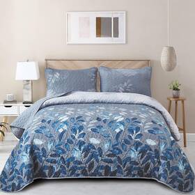 Wongs Bedding 313055021075 Blue Quilt Set King Size 3 Pieces Navy Floral Bedspread Cover