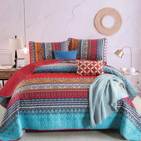 Wongs Bedding 445007686681 Boho Quilt Set King Size Bohemian Red Christmas Stripe 3 Pieces B